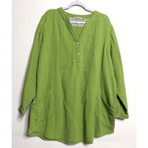 Soft Surrounding Shirt Womens 2X Green Santorini Cotton Gauze Tunic Top Pockets